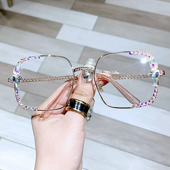 YCNYCHCHY Anti Blue Light Anti Radiation Computer Glasses Flat Light Frame No Degree Diamond Embellishment Small Face Trendy Sunglasses For Women