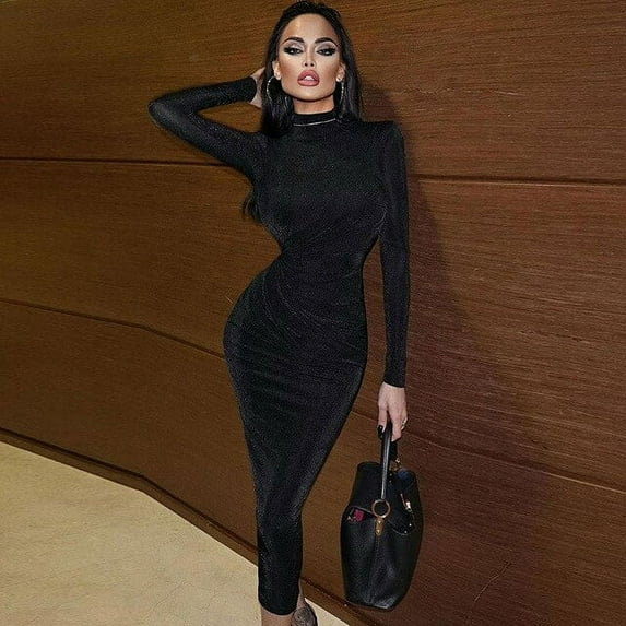 YCNYCHCHY Autumn Winter Knitting Dress Women Half High Collar Pleated Bodycon Long Sleeve Long Dresses for women 2022 Brown Purple Black