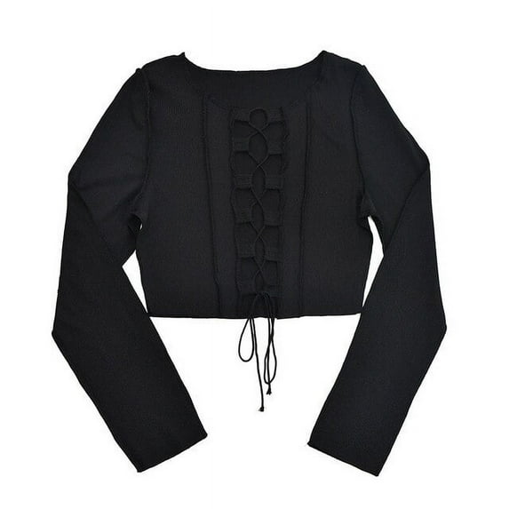 YCNYCHCHY Black Ribbed Tie Front Top Women Long Sleeved Hollow Out Drawstring T Shirts Patchwork Trendy Bodycon Crop Tops Female