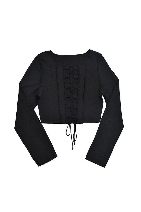 Black Ribbed Tie Front Top Women Long Sleeved Hollow Out Drawstring T Shirts Patchwork Trendy Bodycon Crop Tops Female