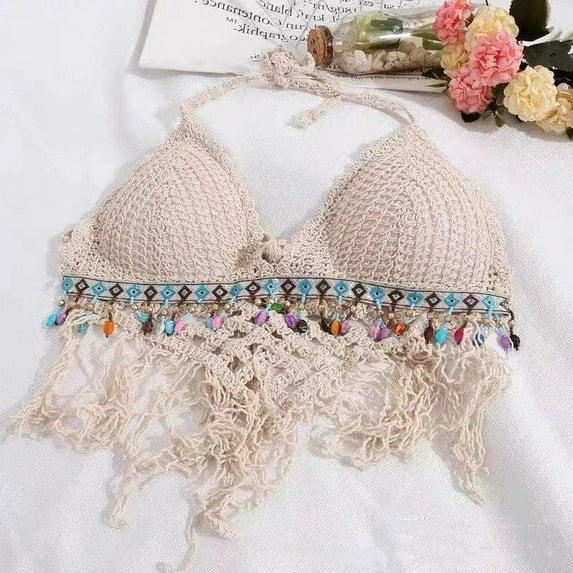 YCNYCHCHY Boho Beach Knitted Crop Tops Summer Hollow Tassel Sexy Bikini Crochet Tank Top Women Built In Bra New Backless Lace Halter Camis