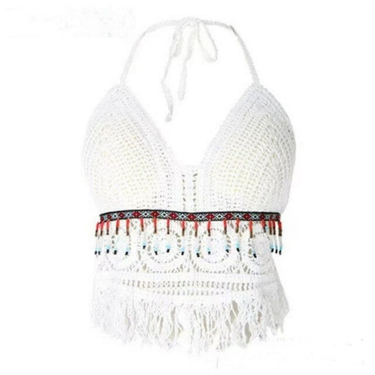 YCNYCHCHY Boho Beach Knitted Crop Tops Summer Hollow Tassel Sexy Bikini  Crochet Tank Top Women Built In Bra New Backless Lace Halter Camis 