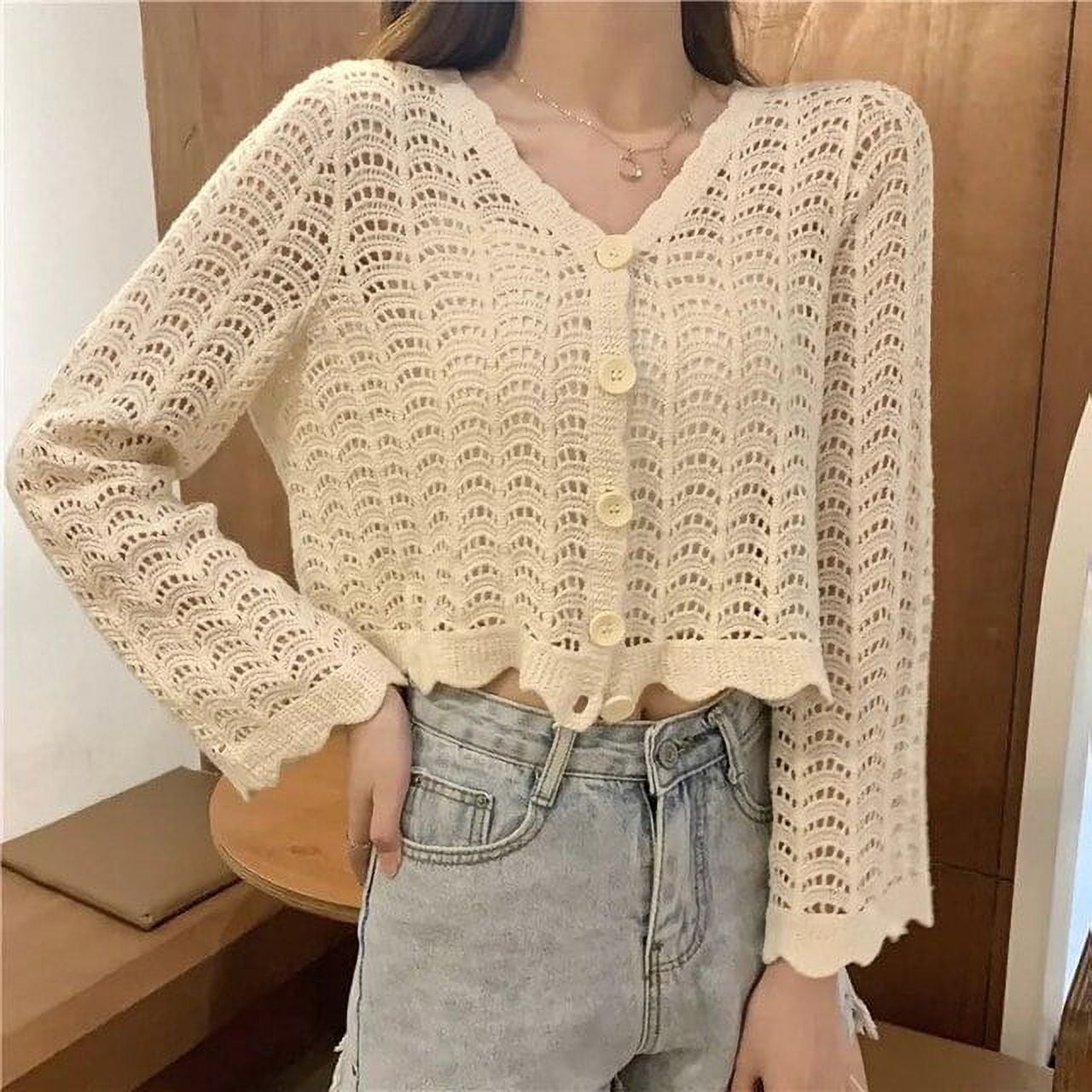 Korean Fashion Women Slim Long Sleeve Lace Crochet Casual Basic Shirt  Blouse Top