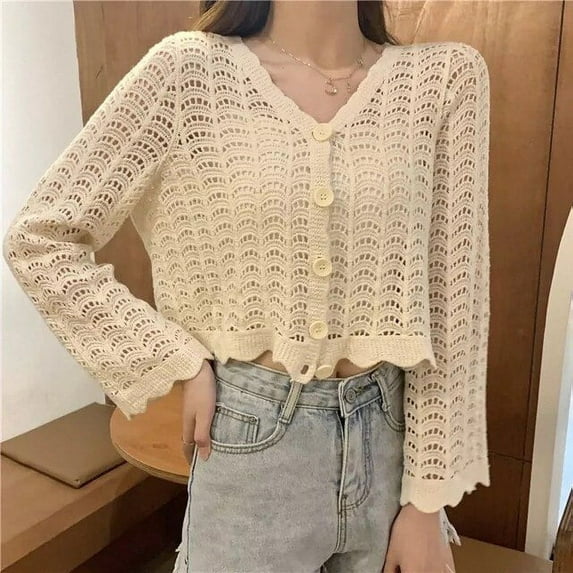 YCNYCHCHY Cardigan Women Hollow Out Thin Summer Sweet Preppy Style Solid All-match Korean Fashion Femme Simple Chic Daily Mujer Tops