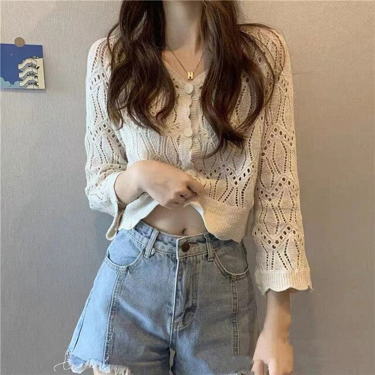YCNYCHCHY Cardigan Women Hollow Out Thin Summer Sweet Preppy Style Solid All match Korean Fashion Femme Simple Chic Daily Mujer Tops Walmart