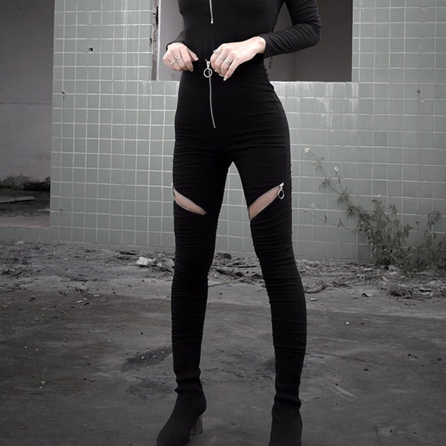 YCNYCHCHY Chic Black Zipper High Waist Goth Pants Women Streetwear