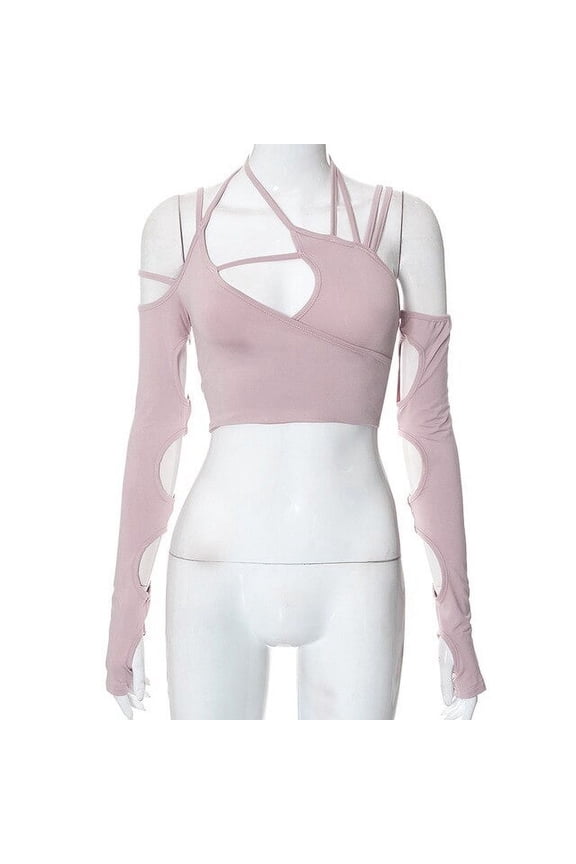 Cyber Y2k Top Crop Techwear Punk Women Halter Top Gothic egirl Patchwork Long Sleeve Crop Tops Sexy Cut Out Casual T-shirts