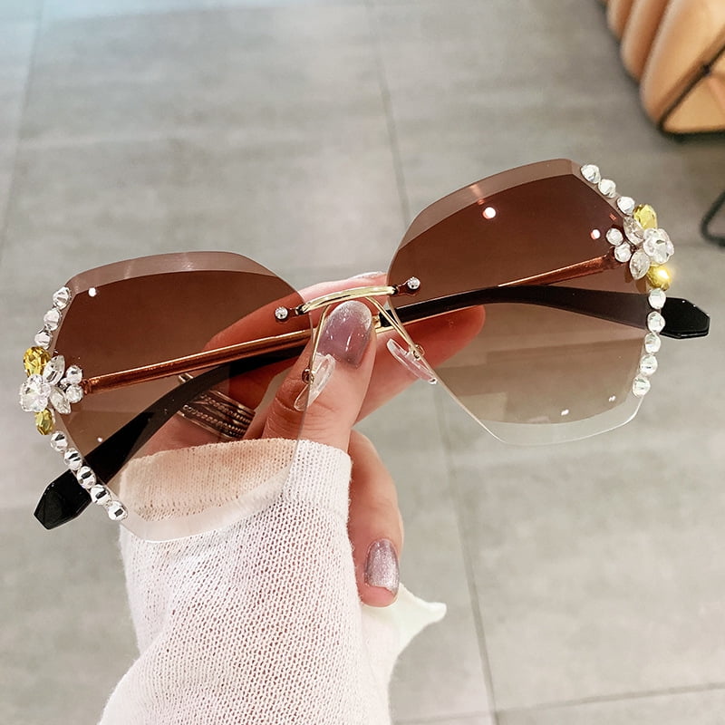 Women Rhinestone Sunglasses UV400 Protection Gradient Lenses Gift Box Luxury Rimless Round Cut Sunglasses Blue Pink Gradient Lens  main image 4