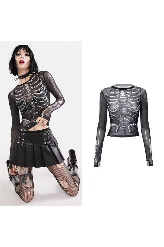 Sexy Mall Goth Print Crop Tshirts Women Mesh Long Sleeve Top E Girl Graphic T Shirts Baby Tee Y2k tops Japanese Streetwear