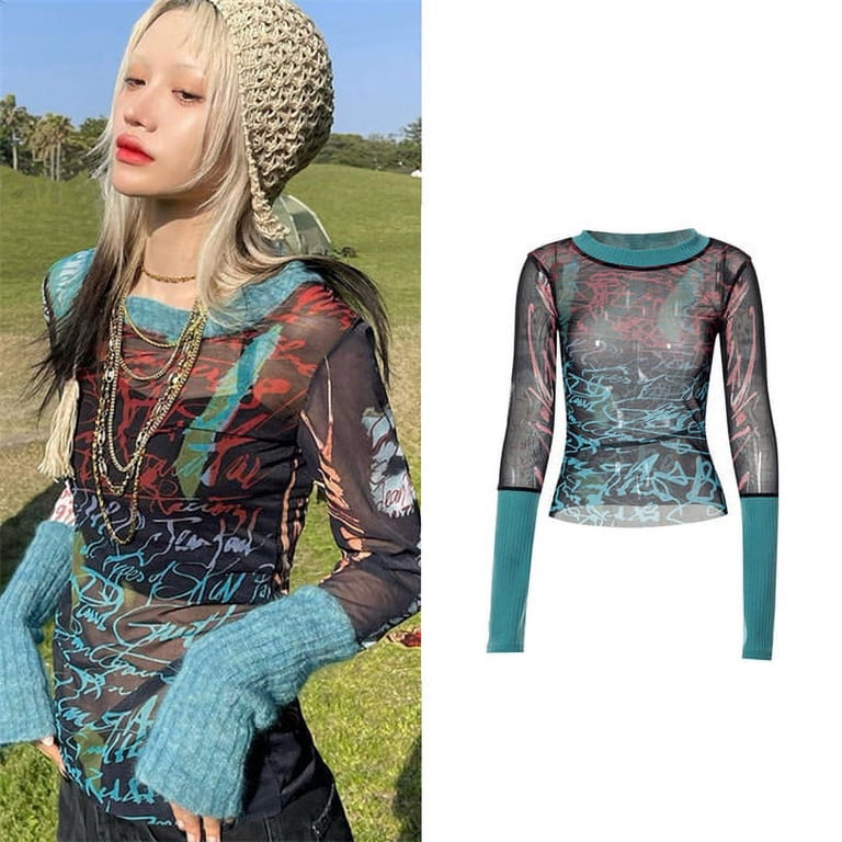 YCNYCHCHY Sexy Mall Goth Print Crop Tshirts Women Mesh Long Sleeve