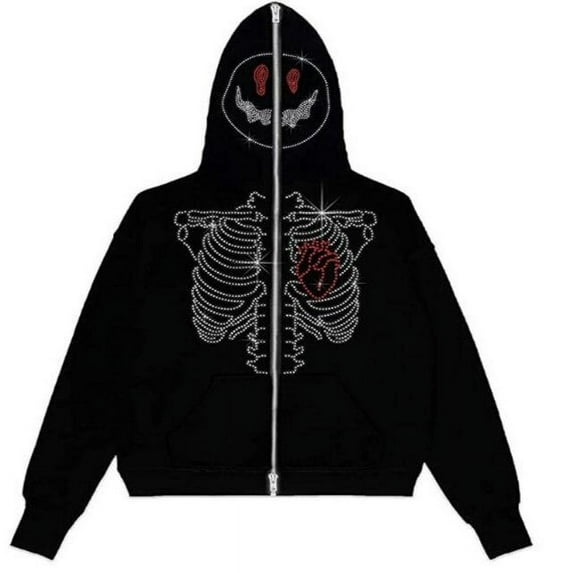 YCNYCHCHY Spring 2023 New Women Y2K Skeleton Hoodies pastel goth Jacket Streetwear Skull Rhinestone Zip Up Hoodie Oversized Sweatshirt