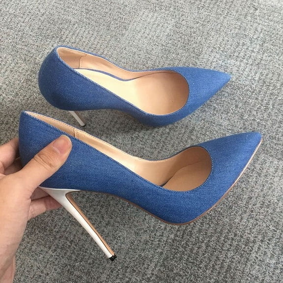 YCNYCHCHY Spring Pointed Toe Denim 12cm Thin High Heels Lady Pumps Slip On Sexy Hot Woman Party Classics Office Shoes Big Size Women