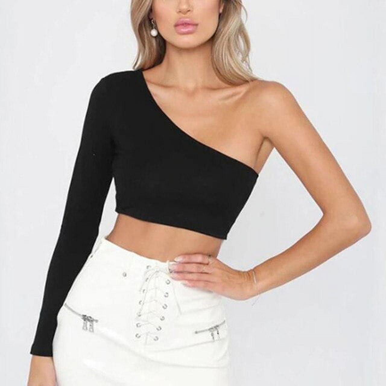 Sexy Crop Tops for Women Plunging Neckline Long Sleeve Slim Fit Crop Top  Blouse Shirts with Golden Ring Centrepiece