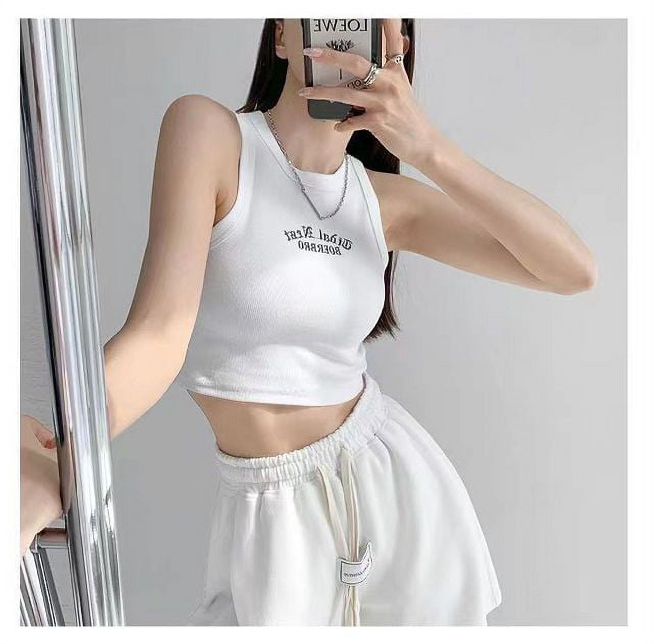 YCNYCHCHY Women Letter Print Round Neck Ribbed Tank Top Camisole Women  Summer Basic Elastic Tank Top Korean Style O Neck Tank Tops 