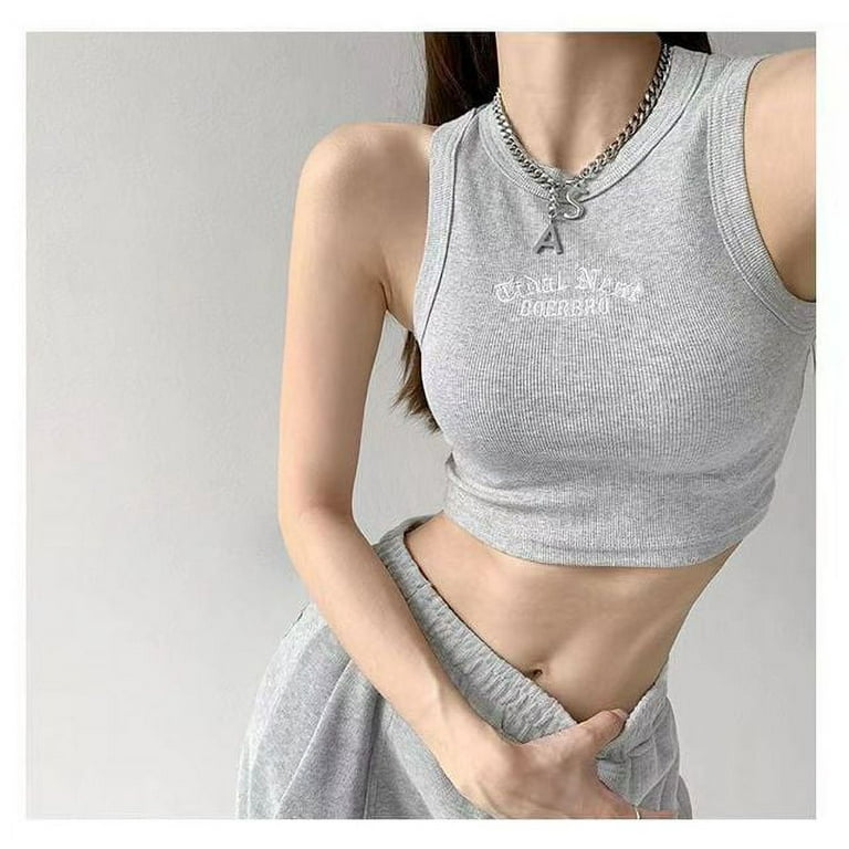 YCNYCHCHY Women Letter Print Round Neck Ribbed Tank Top Camisole Women  Summer Basic Elastic Tank Top Korean Style O Neck Tank Tops 