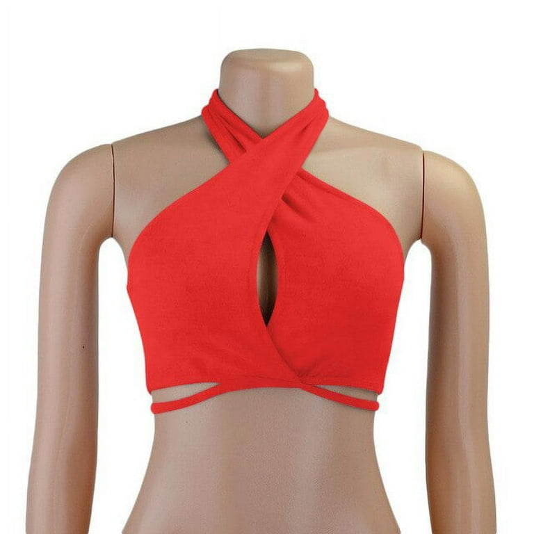 YCNYCHCHY Women Strappy Cross Over Front Cut Out Halter Neck