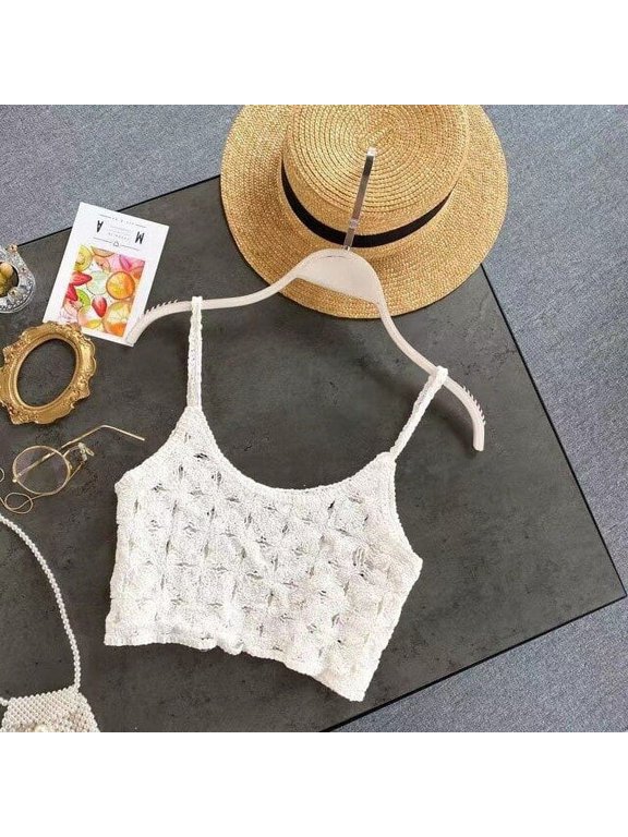 Women Vintage French Crochet Sleeveless Camisole Summer Hollow Knit Floral Crop Top Sexy V-Neck Beach Mini Vest Fairy Clothes