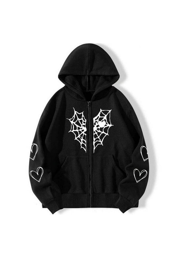 Y2K Rhinestone Cobweb Zip Up Hoodie Women Streetwear Oversized Sweatshirt 2023 Spring Men Goth Hooded Jacket Emo Clothes