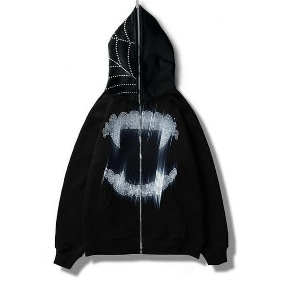 YCNYCHCHY Y2K Rhinestone Cobweb Zip Up Hoodie Women Streetwear Oversized Sweatshirt 2023 Spring Men Goth Hooded Jacket Emo Clothes