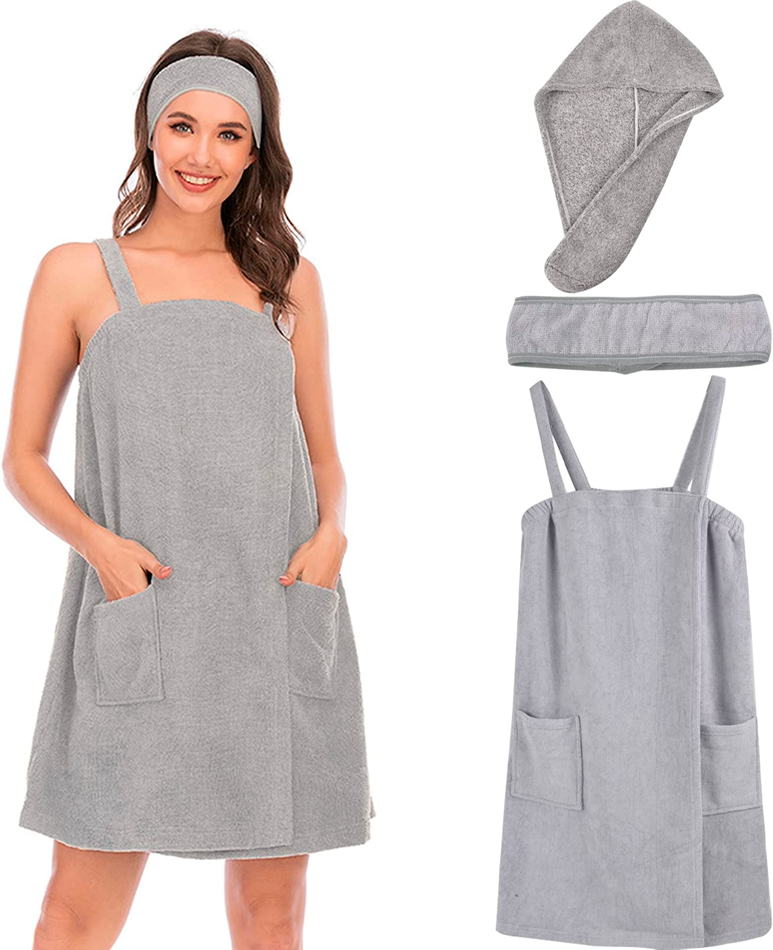 YCRC Bath Wrap Towel with Straps Women Shower Robes Turban&Headband ...