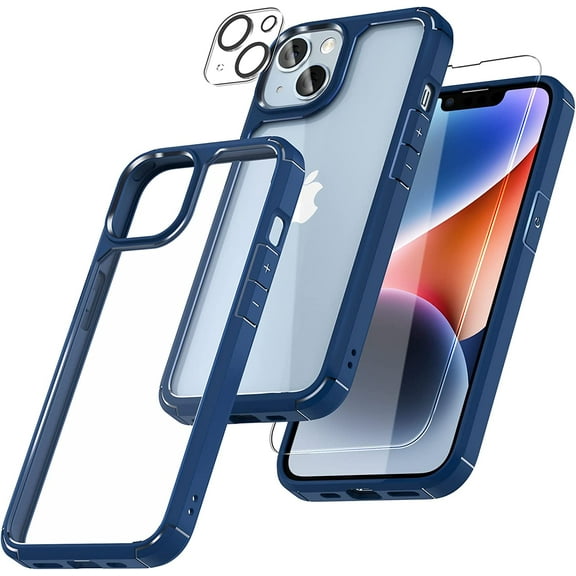 YCRC Shockproof Slim Cell Phone Case with Screen Protector for Apple iPhone 14 Plus, Blue