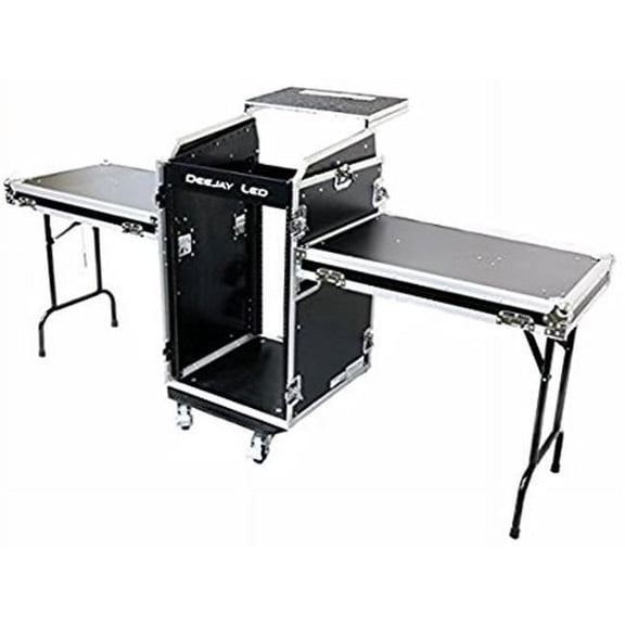 YCS  Fly Drive Case 11u Space Slant Mixer Rack & 16u Space Vertical Rack System with Caster Board & Two Side Tables & Laptop Shelf