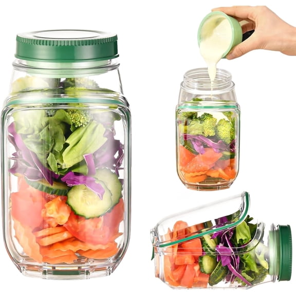 YCZ Side-Opening Salad Container for Lunch | Leakproof Mason Jar Alternative with Built-in Dressing Cup & Bowl Lid | Portable Meal Prep Lunch Box for Office & Travel
