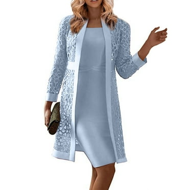 YDDIAN 2 Pieces Mother of The Bride Dresses for Wedding with Jacket Knee Length Lace Applique Wedding Guest Dresses for Women Light Blue 3XL