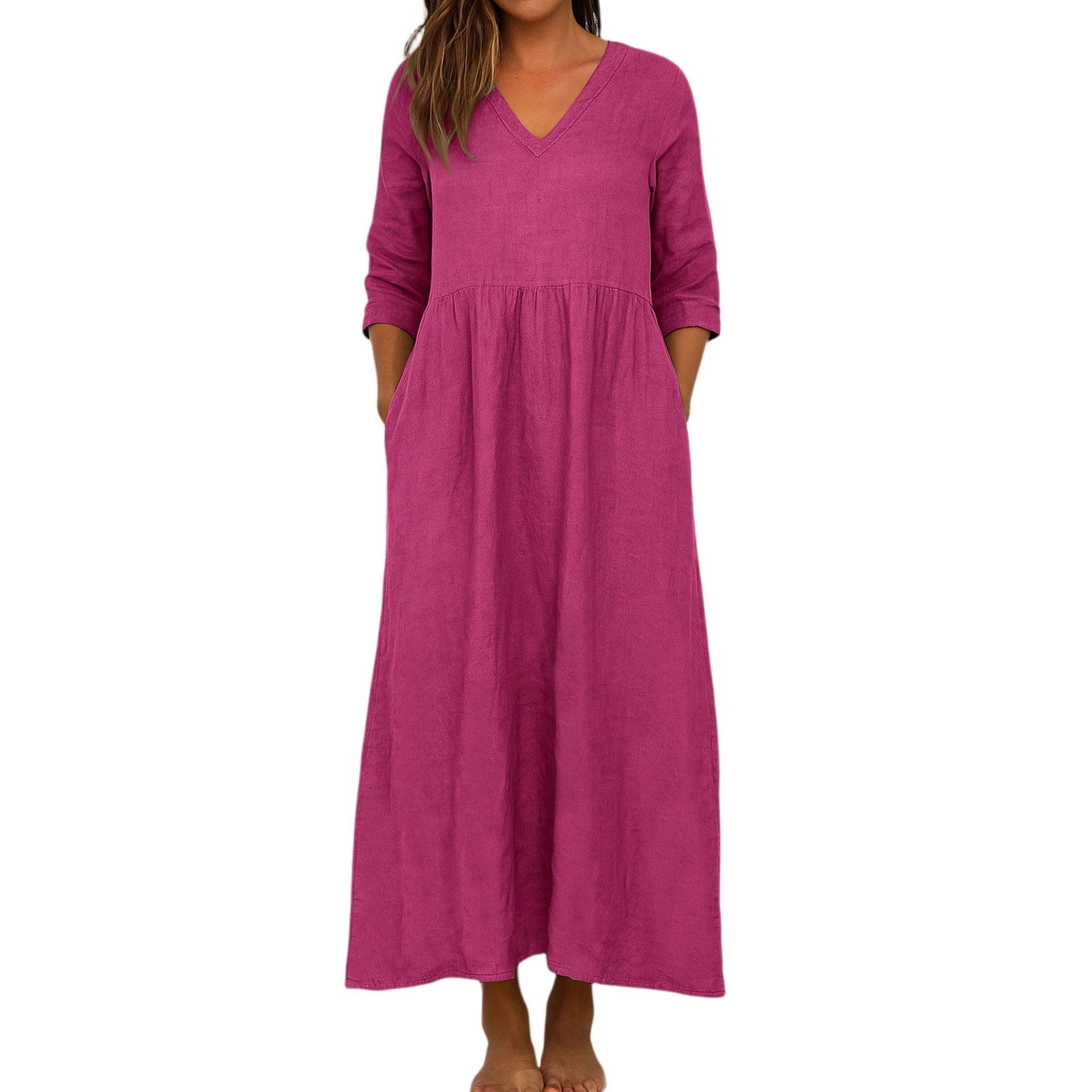 YDDIAN 3/4 Sleeve Maxi Dress for Women Plus Size V Neck Loose Fit Maxi Dresses Fall Dressy Active Midi Dress with Pockets Hot Pink XXL