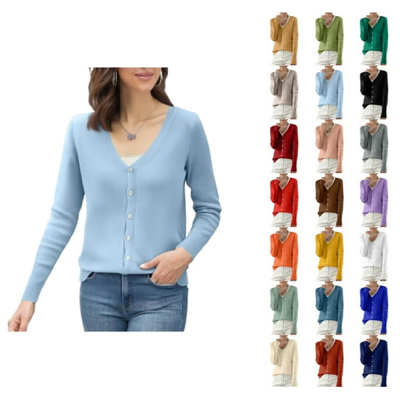 YDDIAN Cotton Cardigans for Women Casual Vneck Lightweight Knit Sweaters Button Down Long Sleeve Fall Basic Dressy Cardigan Sky Blue S