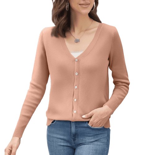 YDDIAN Cotton Cardigans for Women Loose Fit V Neck Dressy Knit Sweaters Henley Long Sleeve Winter Fashion Basic Cardigan Pink XL