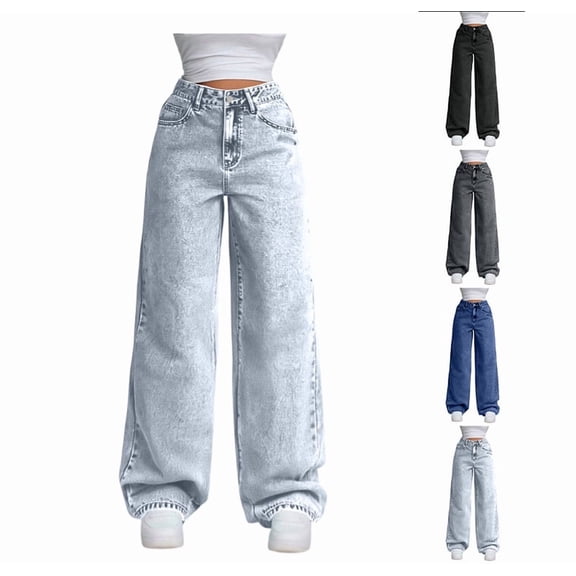 YDDIAN Cute Jeans for Women Vintage High Waisted Cozy Straight Leg Denim Pants Button Wide Leg Summer Casual Trousers with Pockets Light Blue L