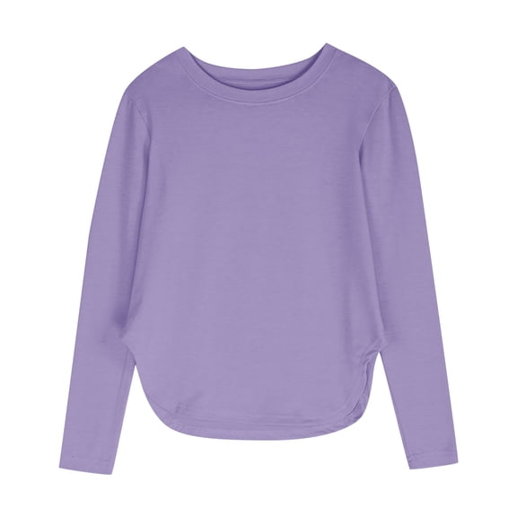 YDDIAN Cute Shirts for Teen Girls Plus Size Tunic Baggy Side Slit Tops Curved Hem Long Sleeve Crew Neck Fall Fashion Basic Tees Light Purple 140