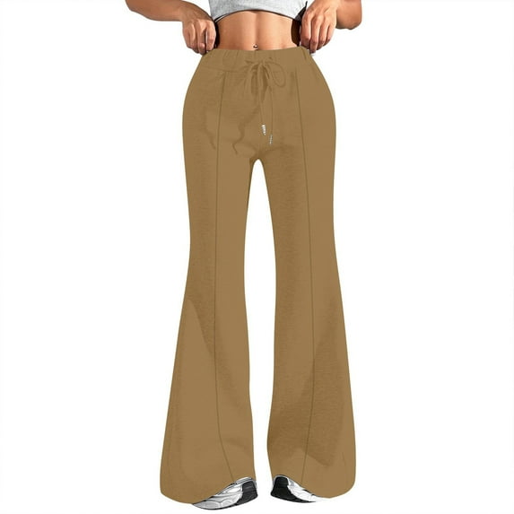 YDDIAN Drawstring Pants Women Plus Size High Waisted Trendy Flare Sweatpants Wide Leg Fall Work Pants with Pockets Khaki 3XL