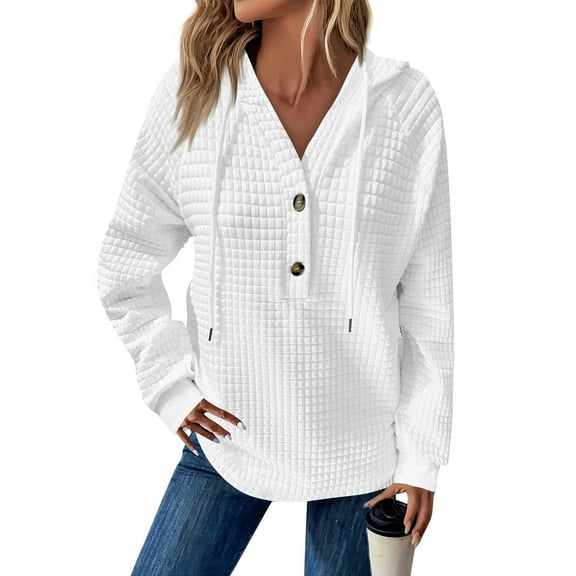 YDDIAN Dressy Sweatshirts for Women Oversized Long Sleeve Lightweight Waffle Knit Hoodie Henley V-Neck Winter Cute Drawstring Cotton Pullover White S