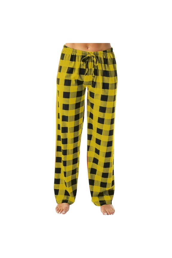Elastic Pants for Women Soft Drawstring Plus Size Christmas Pajama Bottoms Plaid Flannel Winter Y2k Fashion Pajamas with Pockets Yellow 3XL