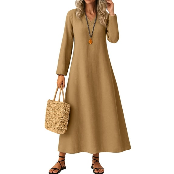 YDDIAN Fall Dress for Women 2025 Lightweight V Neck Plus Size Maxi Dresses Long Sleeve Basic Modest Midi Dress with Pockets Light Brown S