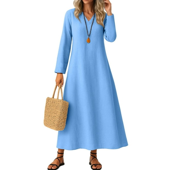 YDDIAN Fall Maxi Dresses for Women 2025 Plus Size V-Neck Loose Fit Midi Dress Long Sleeve Casual Beach Dresses with Pockets Blue XXL