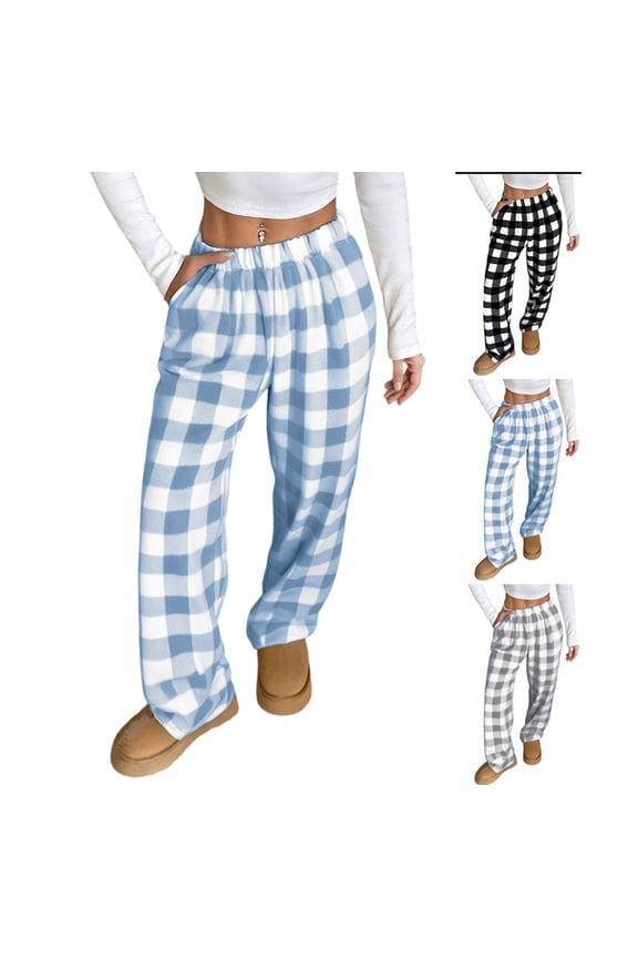 Fall Pajama Pants Oversized Gingham Baggy Christmas Pants Wide Leg Flannel Basic Loungewear Bottoms Light Blue L
