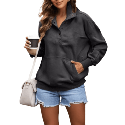 YDDIAN Fall Sweatshirts for Women Plain Vneck Plus Size Pullover Clothes Long Sleeve Button Dressy Workout Tops with Pockets Dark Gray L