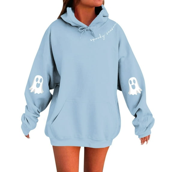 YDDIAN Ghost Sweater Women Oversized Long Sleeve Baggy Spooky Hoodie Graphic Fall Cute Drawstring Pullover with Pockets Light Blue S