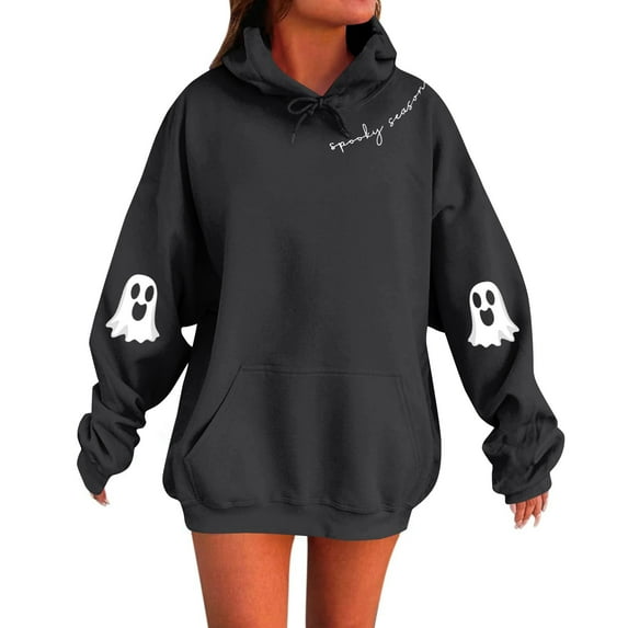 YDDIAN Halloween Sweatshirt Women Spooky Baggy Drawstring Plus Size Hoodie Long Sleeve Fall Fashion Graphic Pullover with Pockets Black M
