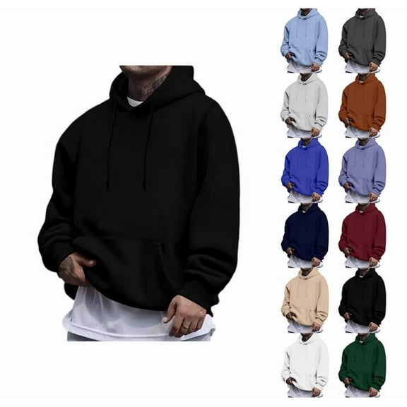 YDDIAN Hooded Long Sleeve Shirt Men Baggy Oversized Fleece Sweatshirts Drawstring Plain Winter Travel Fashion Hoodies with Pockets Black L