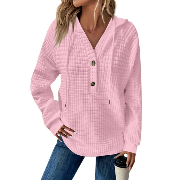 YDDIAN Hoodies for Women Trendy Button Up Oversized Waffle Knit Sweatshirt Drawstring Long Sleeve Summer Basic V-Neck Cotton Sweaters Pink L