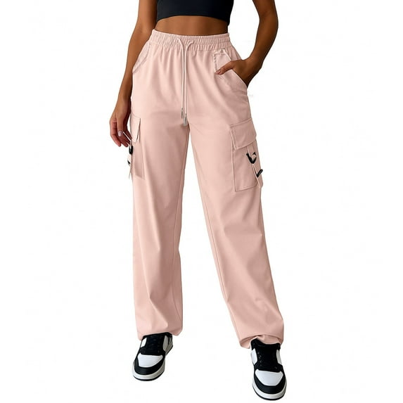 YDDIAN Jogger Pants for Women Baggy High Waisted Oversized Cargo Sweatpants Wide Leg Summer Lounge Drawstring Pants with Pockets Pink M
