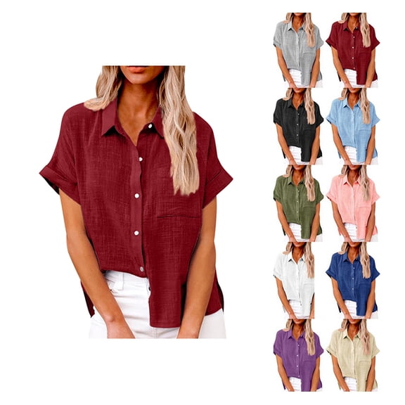 YDDIAN Ladies Short Sleeve Tops Plain V Neck Work Collared Shirt Henley Spring Casual Basic Tops Wine 3XL