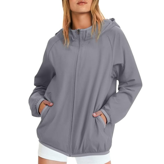 YDDIAN Light Weight Rain Jackets Women Hooded Plus Size Packable Raincoats Long Sleeve Zip Up Fall Dressy Y2k Waterproof Windbreaker with Pockets Gray M