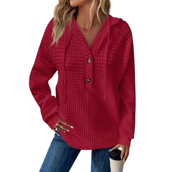 YDDIAN Lightweight Hoodies for Women Plus Size V Neck Cotton Sweatshirt Long Sleeve Drawstring Fall Casual Button Waffle Knit Sweaters Red 3XL