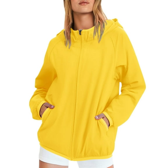 YDDIAN Lightweight Rain Jacket Women Trendy Hooded Plus Size Waterproof Coats Zip Long Sleeve Summer Outdoor Travel Packable Windbreaker with Pockets Yellow L