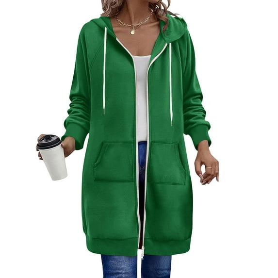 YDDIAN Long Hoodies for Women Zip Up Double Zipper Fleece Jacket Tunic Sweatshirts Fall Winter Fashion Clothes Green XL